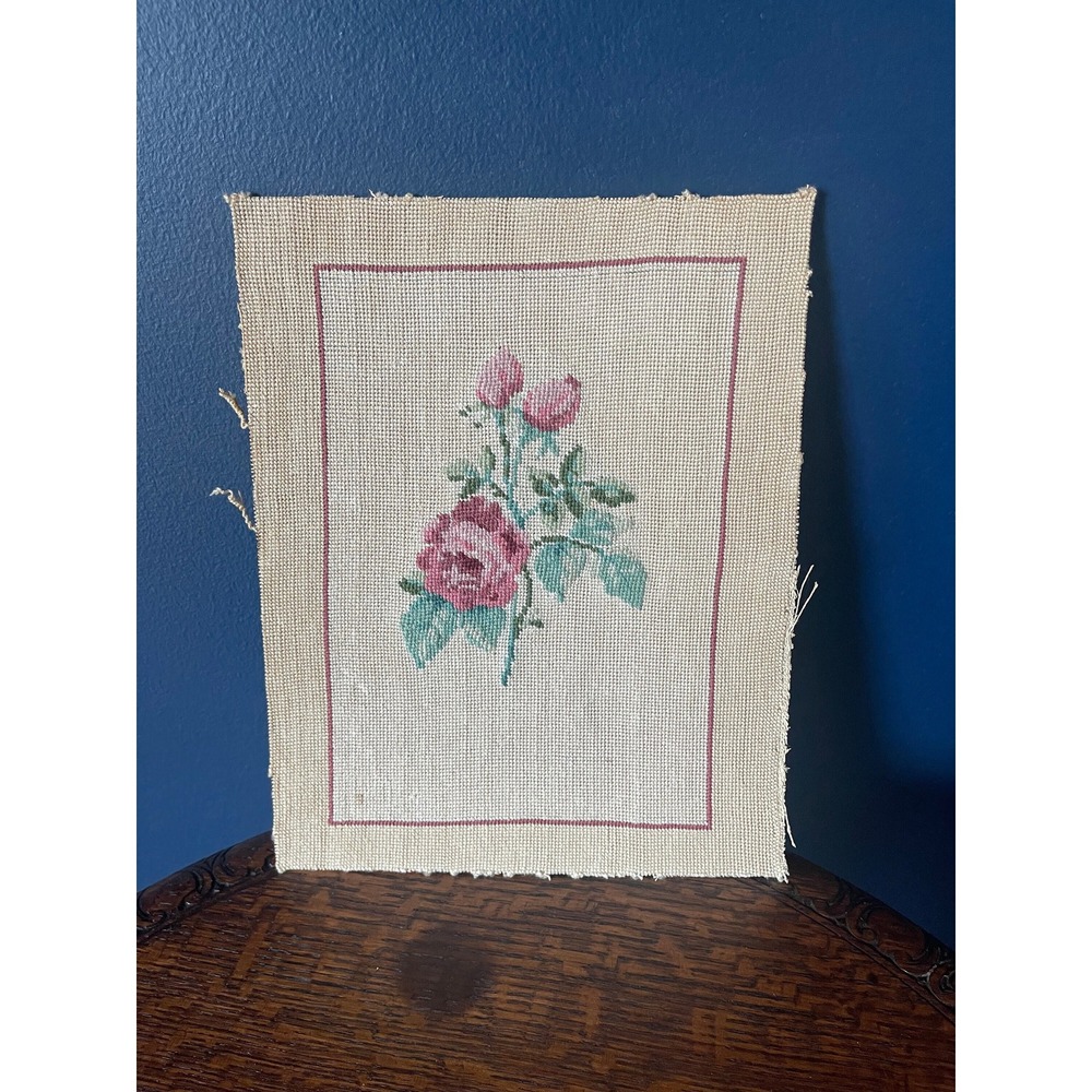Vintage Needlepoint Rose Floral Canvas Handmade Cottagecore Grandmillennial